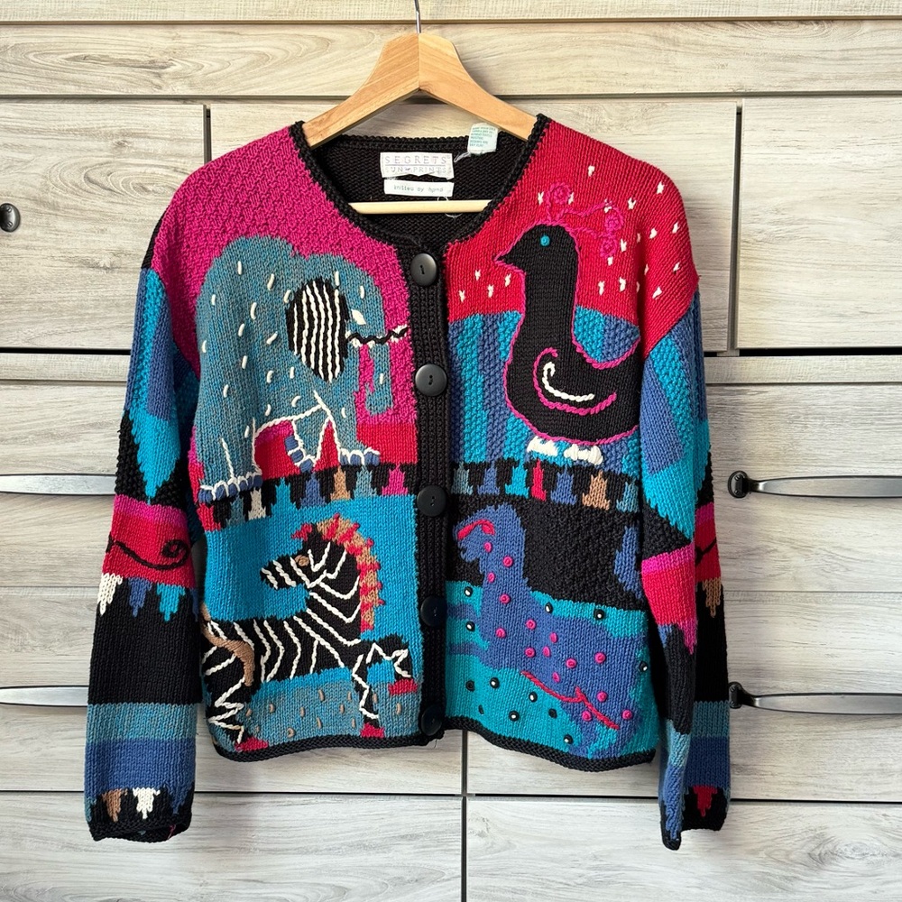 Colorful Animal Motif Button-Front Cardigan Sweater - Multicolor